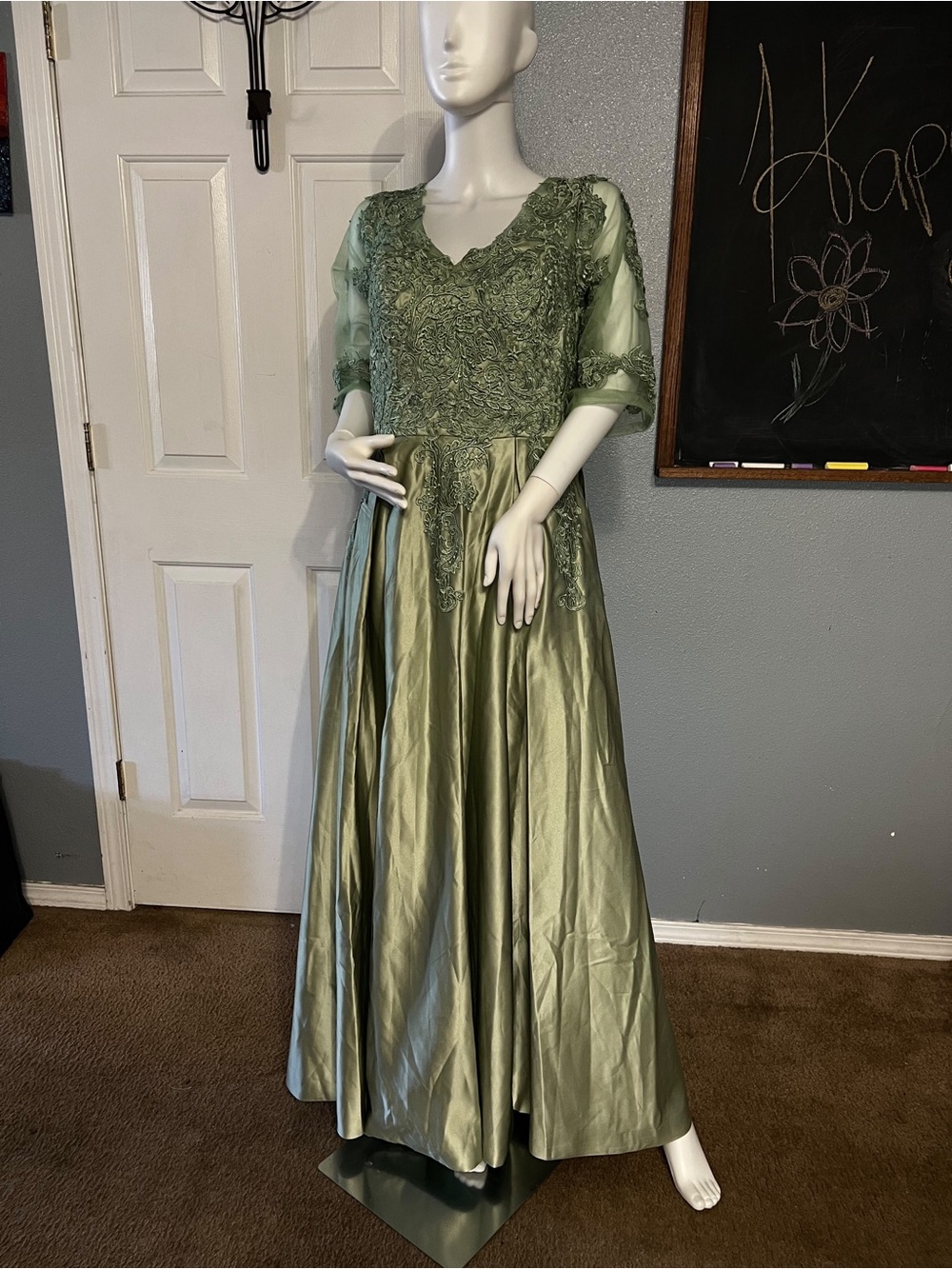 Embroidered Sage Green Long Sleeve Evening Gown
